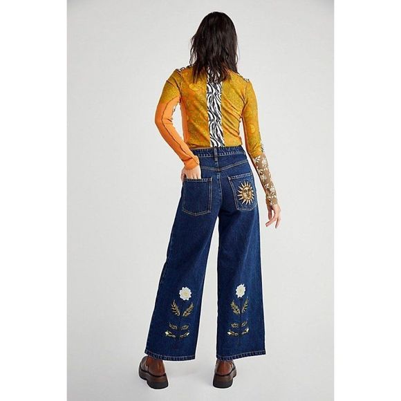 Free People Denim - NWT Free People Meadows Embroidered Wide Leg Tudor Jeans In Navy